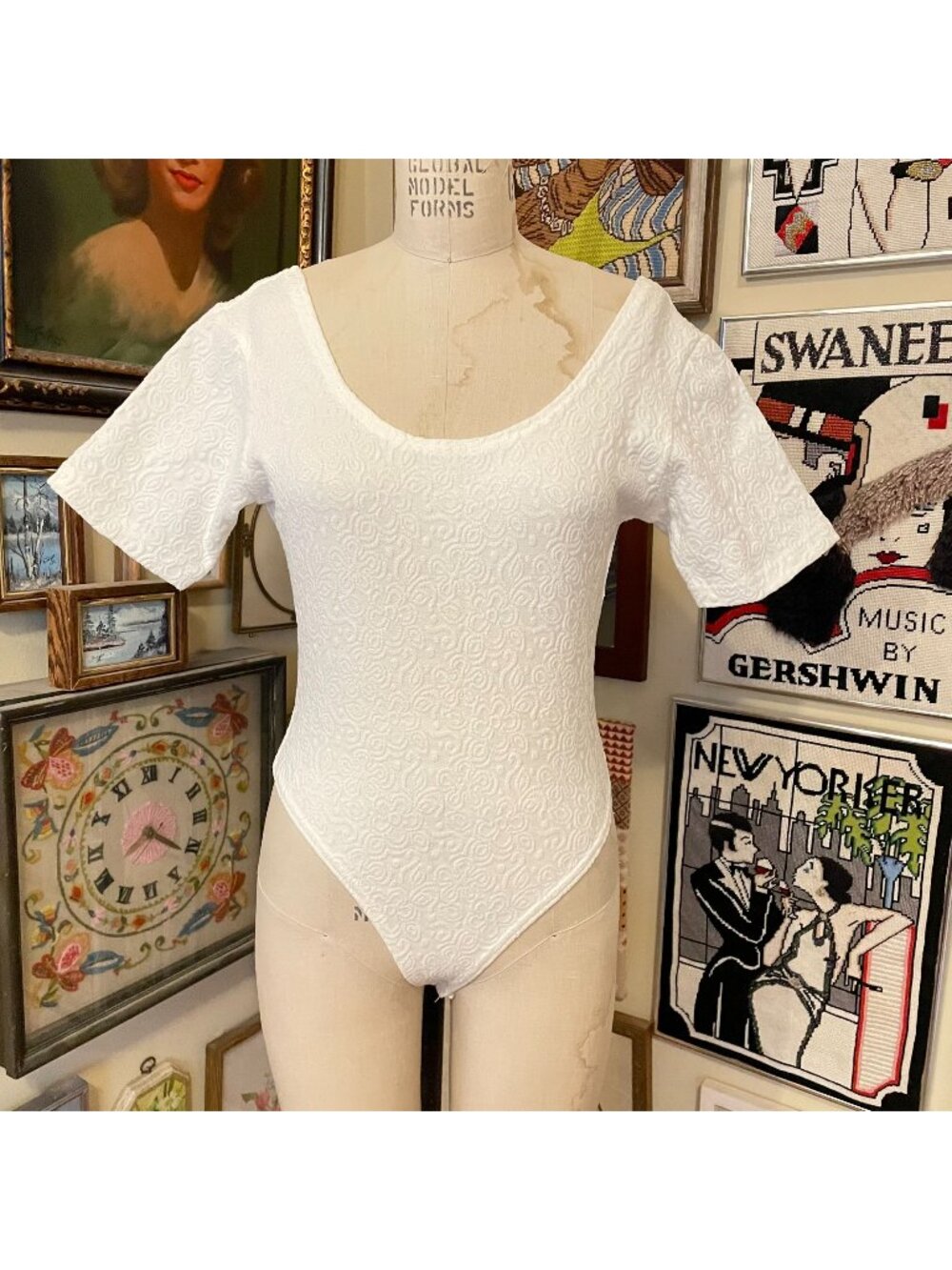 Vintage Anchor Blue White Stretch Bodysuit with Snap Crotch Size L